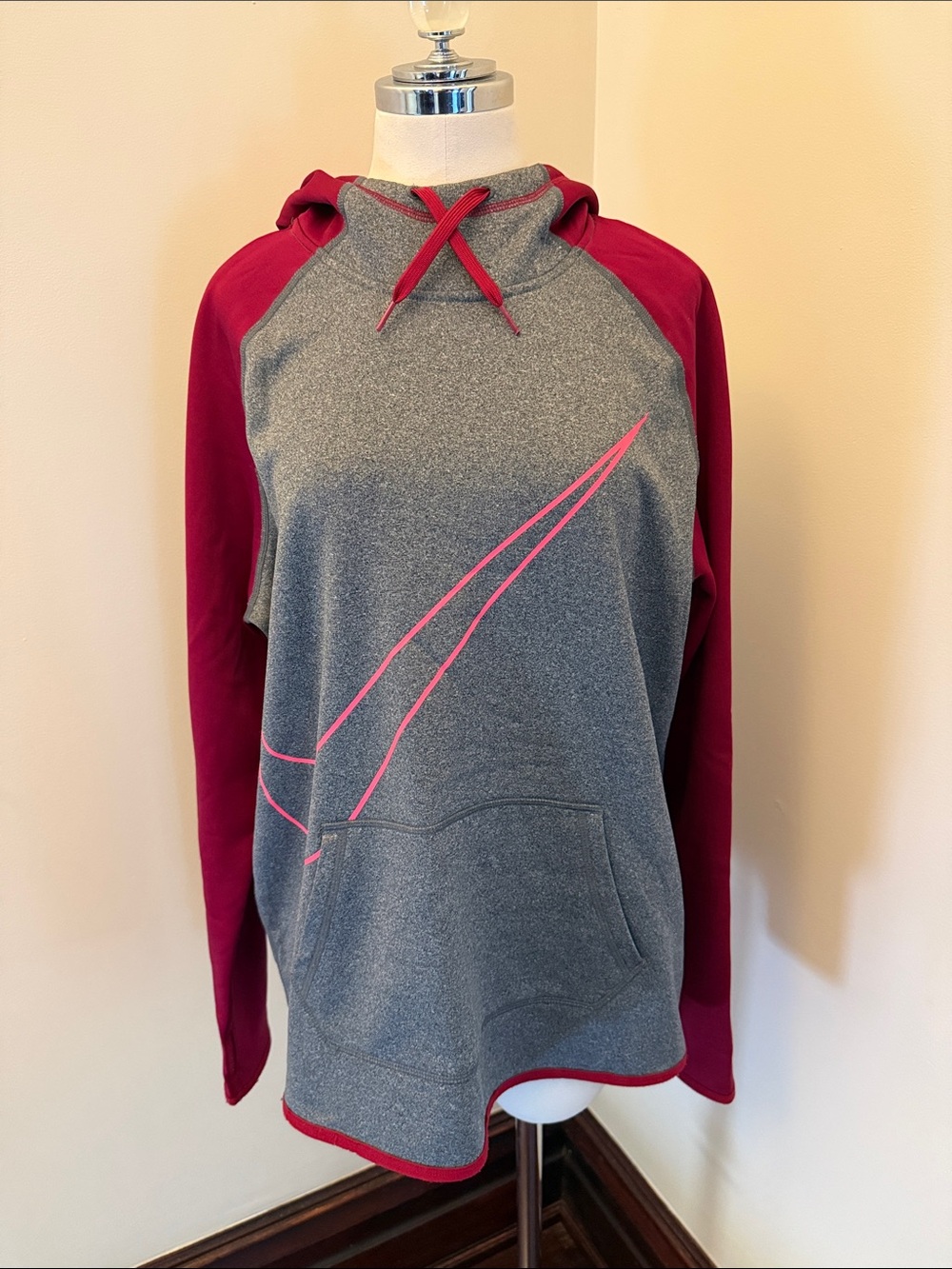 Nike Gray Hoodie with Maroon Raglan Sleeves and Pink Swoosh Accents